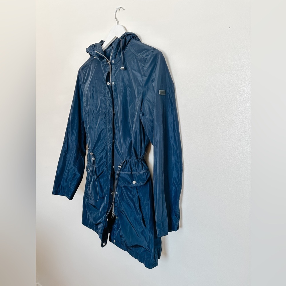 Olsen - Spring Long Hooded Jacket - Cinch Waist - Navy - Size 6